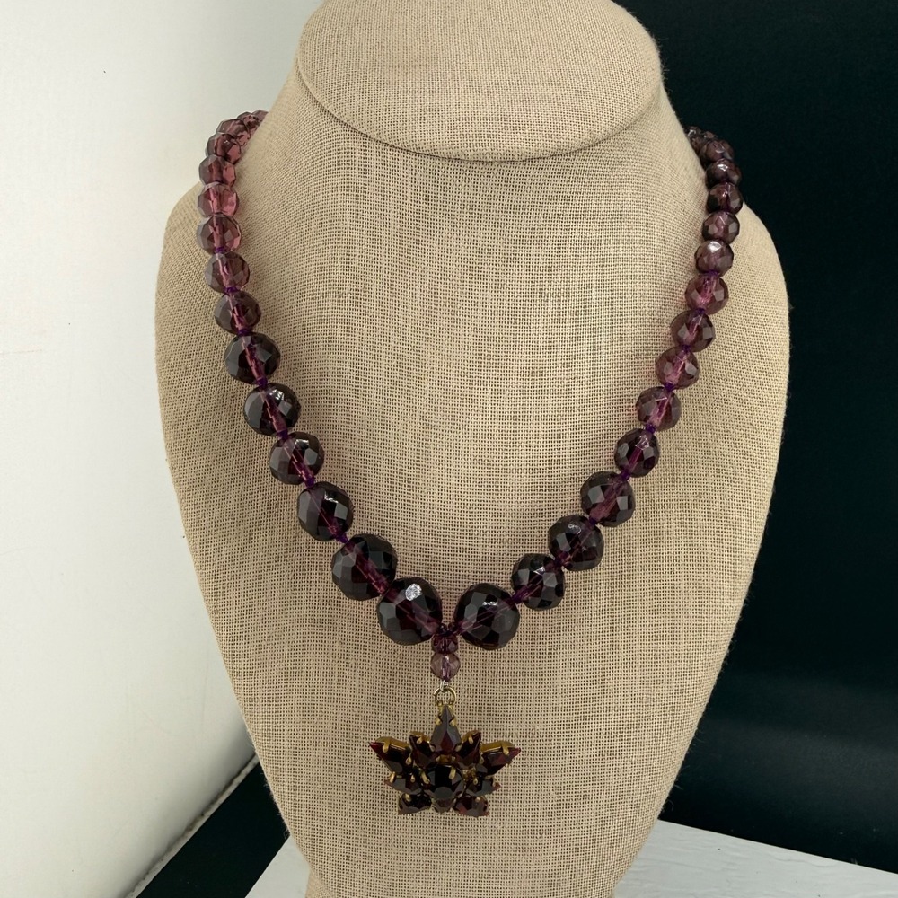 Vintage Germany Faceted Glass Beaded Necklace Purple Rhinestone Star 21”